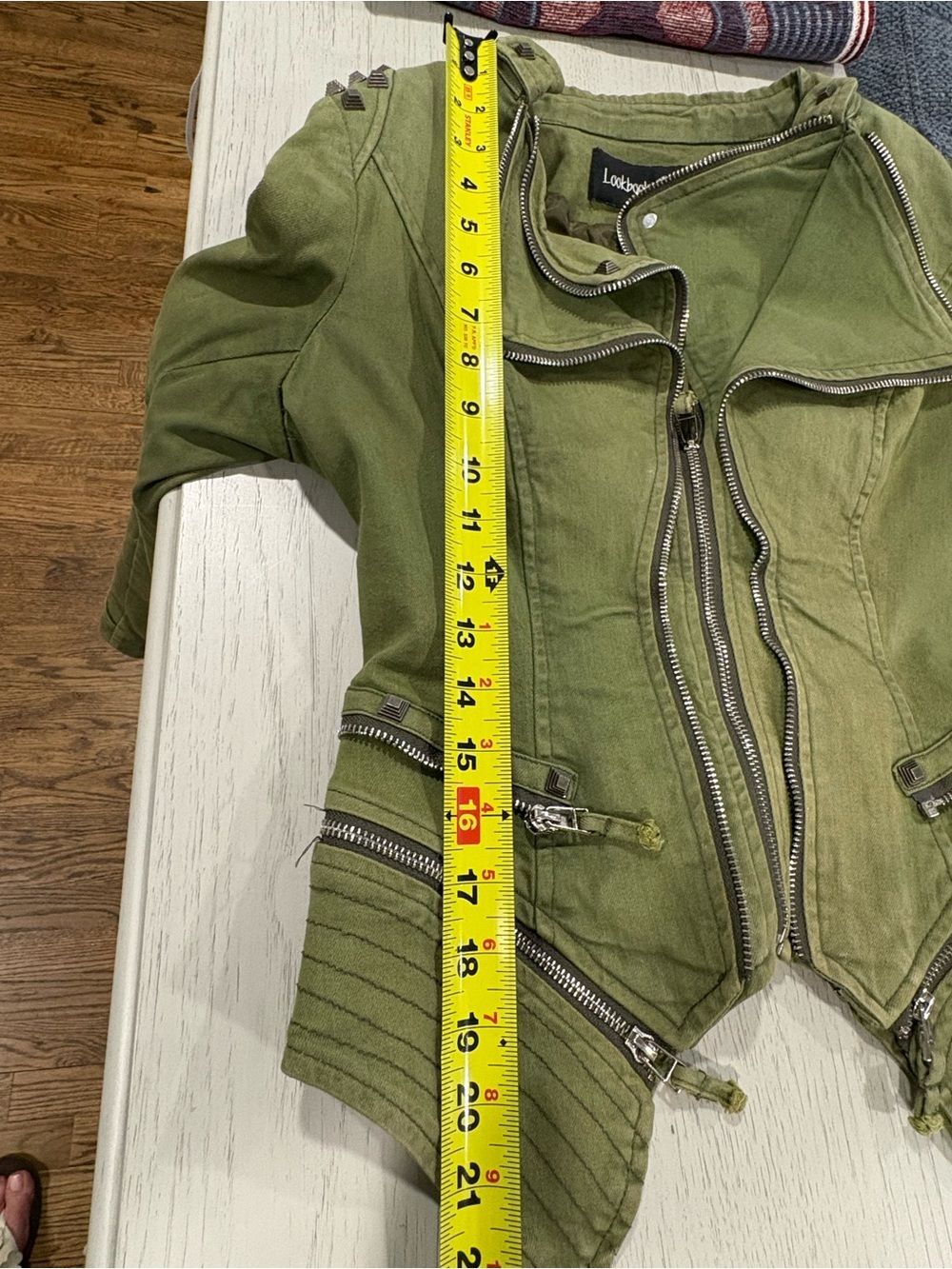 Unique Green Studded Utility Jacket Structured Shoulders and Quilted Sleeves - Picture 12 of 16